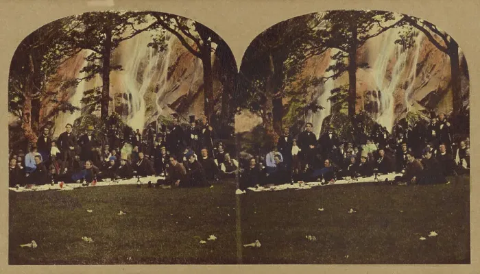 Framed Print : Picnic at Powerscourt Waterfall, County Wicklow, Ireland, about 1860. Creator: London Stereoscopic & Photographic Co Framed Print : Picnic at Powerscourt Waterfall, County Wicklow, Ireland, about 1860. Creator: London Stereoscopic & Photographic Co