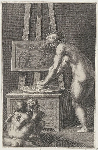 Pictura: allegory of painting, with a nude woman at center grinding pigments, two p... ca. 1610-50. Creator: Anon