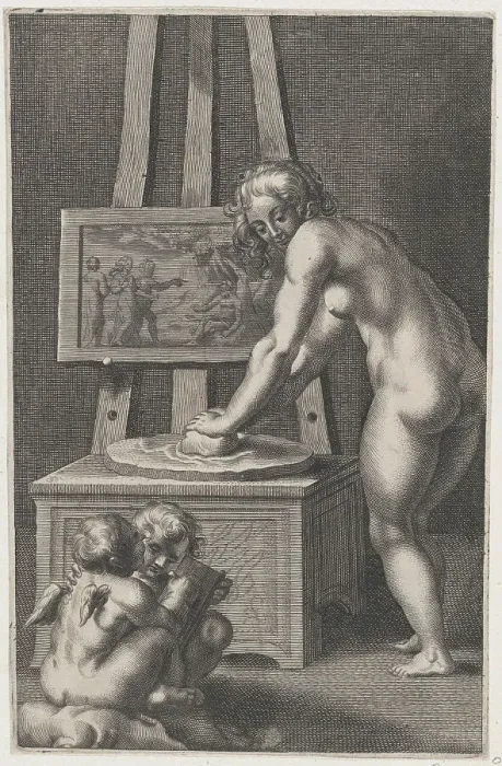 Framed Print : Pictura: allegory of painting, with a nude woman at center grinding pigments, two p... ca. 1610-50. Creator: Anon Framed Print : Pictura: allegory of painting, with a nude woman at center grinding pigments, two p... ca. 1610-50. Creator: Anon