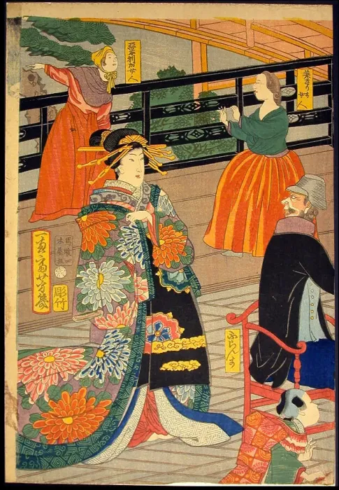 Framed Print : Picture of a Banquet of People of Five Nations at the Gankiro Teahouse (Gokakoku... 1860. Creator: Utagawa Yoshiiku) Framed Print : Picture of a Banquet of People of Five Nations at the Gankiro Teahouse (Gokakoku... 1860. Creator: Utagawa Yoshiiku)