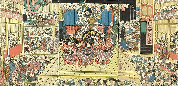 Picture of a Crowded Theater Hosting Performance of Sugawara Denju Tenarai Kagami, 1859. Creator: Utagawa Kunisada