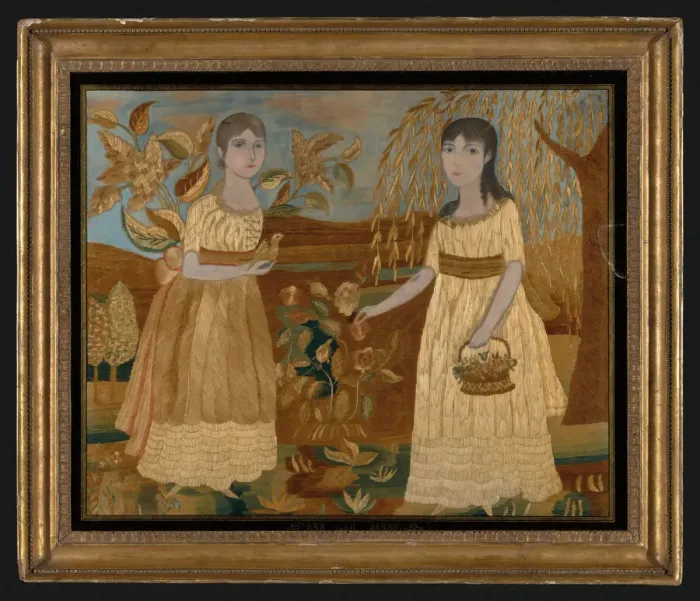 Framed Print : Picture Depicting Ann and Sarah (Needlework), New York, early 19th century Framed Print : Picture Depicting Ann and Sarah (Needlework), New York, early 19th century