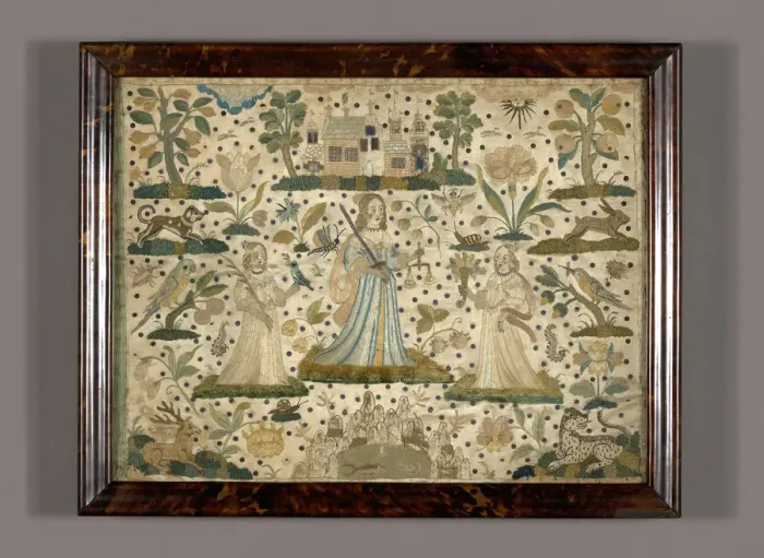 Framed Print : Picture Depicting Peace, Justice, and Plenty (Needlework), England, 17th century Framed Print : Picture Depicting Peace, Justice, and Plenty (Needlework), England, 17th century