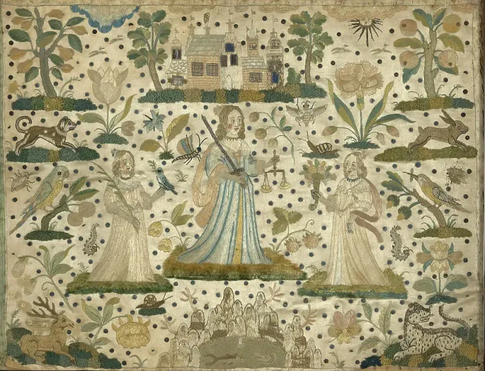 Framed Print : Picture Depicting Peace, Justice, and Plenty (Needlework), England, 17th century. Creator: Unknown Framed Print : Picture Depicting Peace, Justice, and Plenty (Needlework), England, 17th century. Creator: Unknown