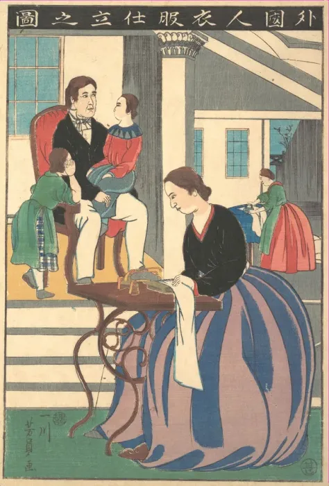 Framed Print : Picture of a Foreigner Making Clothes, 1860. Creator: Yoshikazu Framed Print : Picture of a Foreigner Making Clothes, 1860. Creator: Yoshikazu