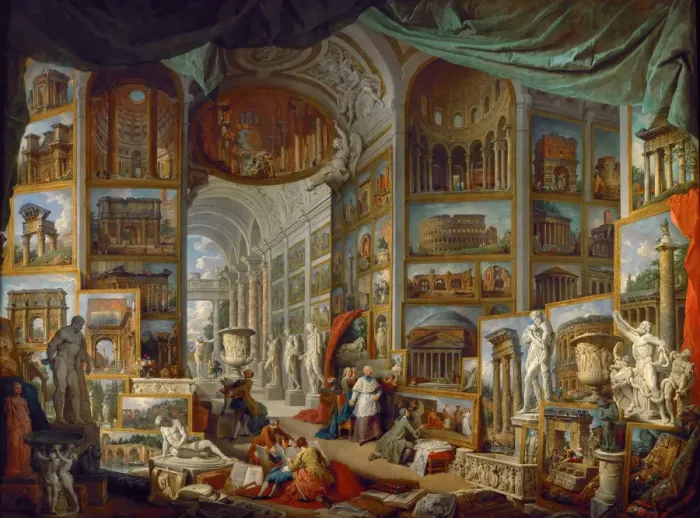 Framed Print : Picture Gallery with Views of Ancient Rome (Roma Antica). Artist: Panini, Giovanni Paolo (1691-1765) Framed Print : Picture Gallery with Views of Ancient Rome (Roma Antica). Artist: Panini, Giovanni Paolo (1691-1765)