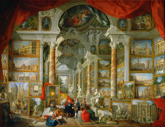 Framed Print : Picture Gallery with Views of Modern Rome (Modern Rome). Artist: Panini, Giovanni Paolo (1691-1765) Framed Print : Picture Gallery with Views of Modern Rome (Modern Rome). Artist: Panini, Giovanni Paolo (1691-1765)