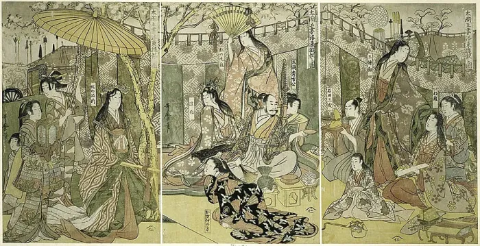 Framed Print : Picture of Hideyoshi and his Five Wives Viewing Cherry Blossoms at Higashiyama... Japan, c.1803 / 04. Creator: Kitagawa Utamaro Framed Print : Picture of Hideyoshi and his Five Wives Viewing Cherry Blossoms at Higashiyama... Japan, c.1803 / 04. Creator: Kitagawa Utamaro