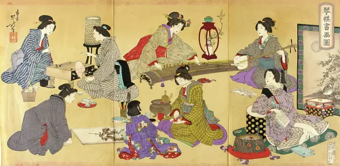 Framed Print : Picture of Koto, Game, and Painting, published in 1889. Creator: Mizuno Toshikata Framed Print : Picture of Koto, Game, and Painting, published in 1889. Creator: Mizuno Toshikata