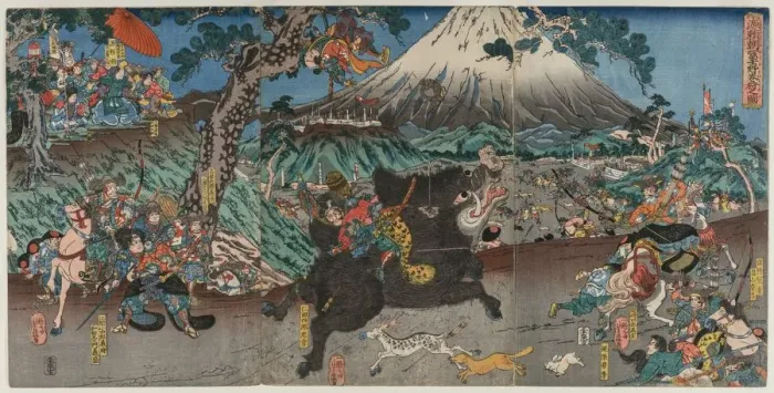 Framed Print : Picture of Minamoto no Yoritomos Hunt on the Slopes of Mount Fuji, mid 1840s. Creator Framed Print : Picture of Minamoto no Yoritomos Hunt on the Slopes of Mount Fuji, mid 1840s. Creator