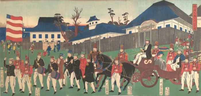 Framed Print : Picture of a Procession of Foreigners at Yokohama, 2nd month, 1861. Creator: Yoshikazu Framed Print : Picture of a Procession of Foreigners at Yokohama, 2nd month, 1861. Creator: Yoshikazu