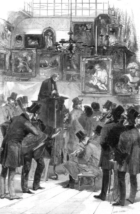 Framed Print : Picture sale at Messrs Christie and Mantons, King Street, St Jamess, London, 1856 Framed Print : Picture sale at Messrs Christie and Mantons, King Street, St Jamess, London, 1856