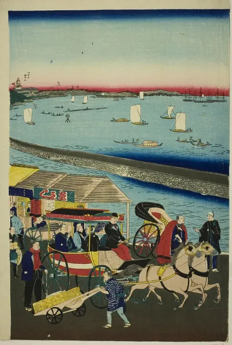 Framed Print : Picture of the Steam Engine Railway in Yatsuyama, Tokyo (Tokyo Yatsuyama shita... c. 1871. Creator: Utagawa Hiroshige II) Framed Print : Picture of the Steam Engine Railway in Yatsuyama, Tokyo (Tokyo Yatsuyama shita... c. 1871. Creator: Utagawa Hiroshige II)