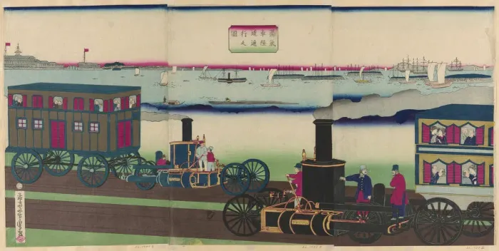 Framed Print : Picture of Steam Locomotives Traveling (Jokisha rikudo tsuko no zu), 1870 Framed Print : Picture of Steam Locomotives Traveling (Jokisha rikudo tsuko no zu), 1870