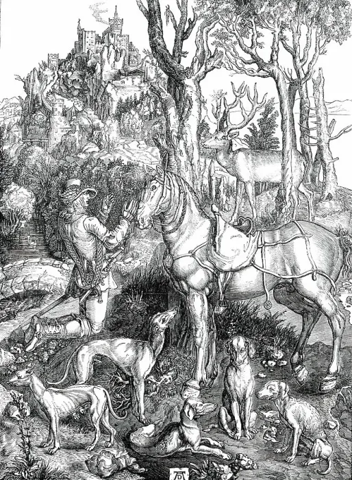 Framed Print : Pictures from the late King of Holland's Collection - Saint Hubert, painted by Albert Durer, 1850. Creator: Unknown Framed Print : Pictures from the late King of Holland's Collection - Saint Hubert, painted by Albert Durer, 1850. Creator: Unknown