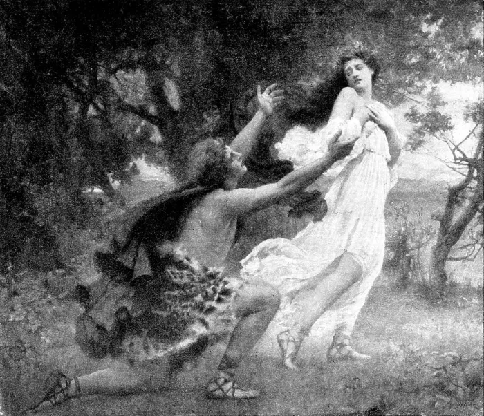 Framed Print : Pictures from the Royal Academy: Apollo and Daphne - Henrietta Rae (Mrs. E. Normand), 1895. Creator: George Meisenbach Framed Print : Pictures from the Royal Academy: Apollo and Daphne - Henrietta Rae (Mrs. E. Normand), 1895. Creator: George Meisenbach