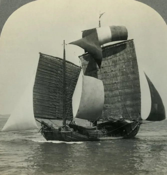 Framed Print : Picturesque Chinese Junk under Full Sail on the Yellow Sea, Coast of Manchukuo in Distance Framed Print : Picturesque Chinese Junk under Full Sail on the Yellow Sea, Coast of Manchukuo in Distance
