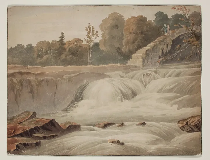 Framed Print : Picturesque Landscape with Waterfall, 1810-1830. Creator: T Curtiss Framed Print : Picturesque Landscape with Waterfall, 1810-1830. Creator: T Curtiss