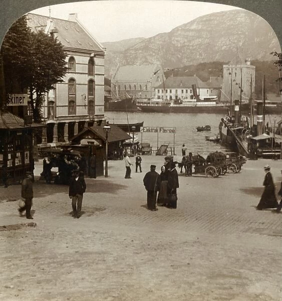 Picturesque old fortress (Bergenhus), from a square in modern town, Bergen, Norway, 1905
