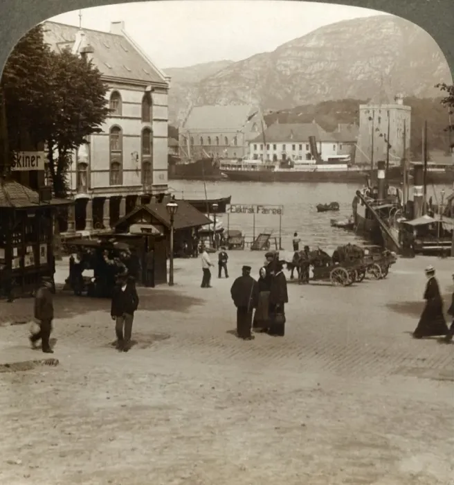 Framed Print : Picturesque old fortress (Bergenhus), from a square in modern town, Bergen, Norway, 1905