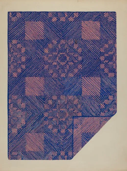 Framed Print : Piece of a Coverlet - Cobalt Blue & Rose, c. 1936. Creator: Katherine Hastings