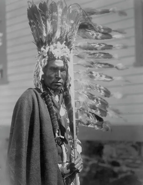 Framed Print : Piegan war-bonnet and coup-stick, c1910. Creator: Edward Sheriff Curtis Framed Print : Piegan war-bonnet and coup-stick, c1910. Creator: Edward Sheriff Curtis