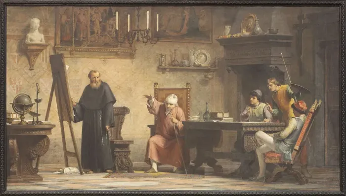 Framed Print : Piero della Francesca dictates the geometry rules to Luca Pacioli. Creator: Tricca