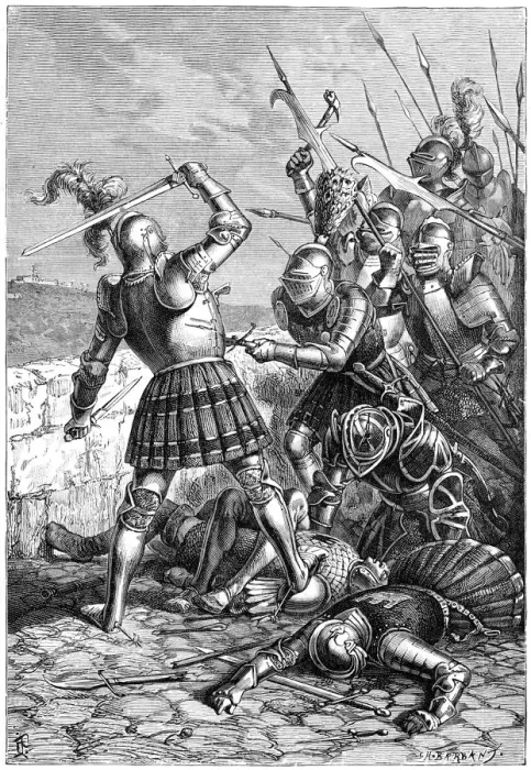 Framed Print : Pierre du Terrail defending the bridge at Garigliano, Italy, 1898. Artist: Barbant Framed Print : Pierre du Terrail defending the bridge at Garigliano, Italy, 1898. Artist: Barbant