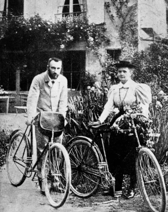 Framed Print : Pierre and Marie Curie, French physicists, preparing to go cycling Framed Print : Pierre and Marie Curie, French physicists, preparing to go cycling