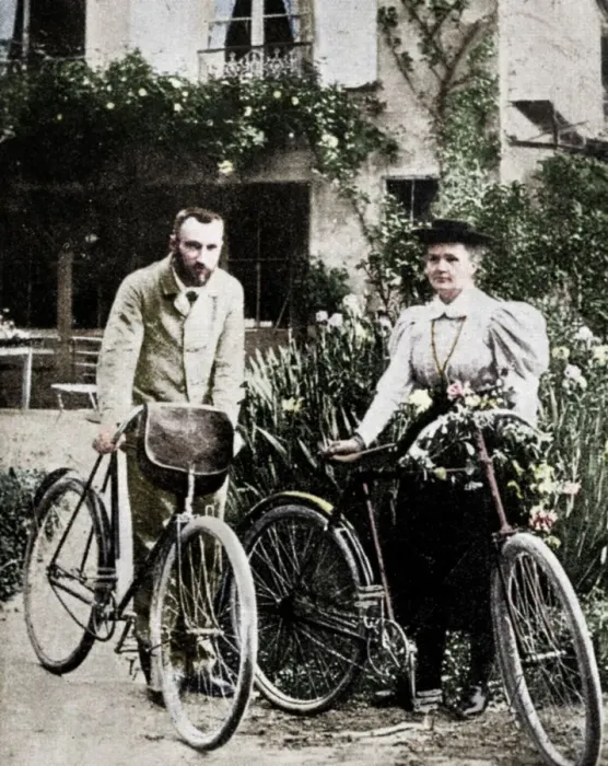Framed Print : Pierre and Marie Curie, French physicists, preparing to go cycling Framed Print : Pierre and Marie Curie, French physicists, preparing to go cycling