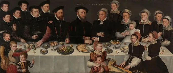 Framed Print : Pierre de Moucheron (1508-67), his Wife Isabeau de Gerbier, their eighteen Children, their Son-in-La Creator: Anon Framed Print : Pierre de Moucheron (1508-67), his Wife Isabeau de Gerbier, their eighteen Children, their Son-in-La Creator: Anon
