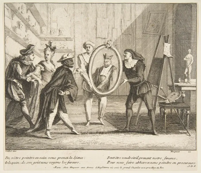 Framed Print : Pierrot and Scaramouche show the portrait of Harlequin. n. d Framed Print : Pierrot and Scaramouche show the portrait of Harlequin. n. d