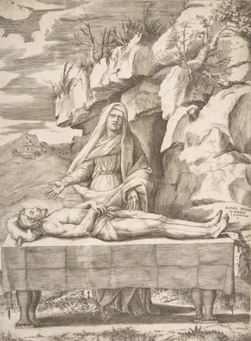 Framed Print : Pieta, Christ stretched out on a table in a landscape, the Virgin standing behind arms Framed Print : Pieta, Christ stretched out on a table in a landscape, the Virgin standing behind arms
