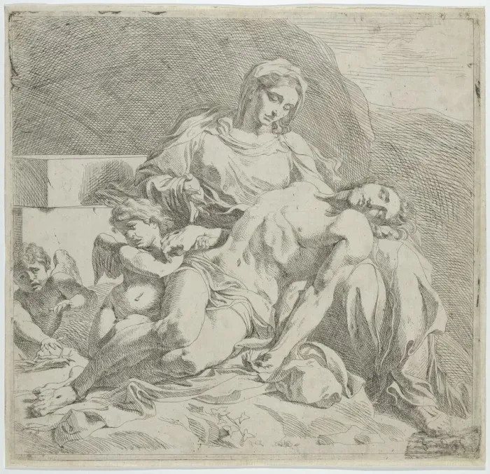 Framed Print : Pieta, the dead Christ supported by the Virgin, putti at the left, ca. 1633-46. Creator: Joost de Pape Framed Print : Pieta, the dead Christ supported by the Virgin, putti at the left, ca. 1633-46. Creator: Joost de Pape