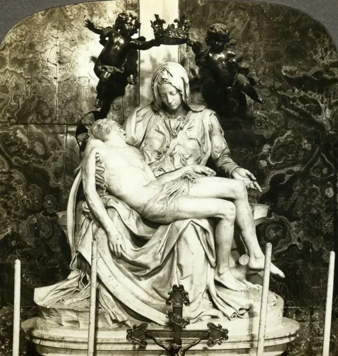 Framed Print : Pieta by Michelangelo, St Peters Basilica, Rome, Italy. Artist: Underwood & Underwood Framed Print : Pieta by Michelangelo, St Peters Basilica, Rome, Italy. Artist: Underwood & Underwood