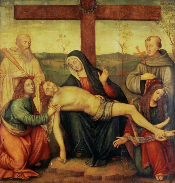 Framed Print : Pieta with Saint Benedict, Saint Francis, Saint John and Saint...c1500-1525. Creator: Raffaellino del Garbo Framed Print : Pieta with Saint Benedict, Saint Francis, Saint John and Saint...c1500-1525. Creator: Raffaellino del Garbo
