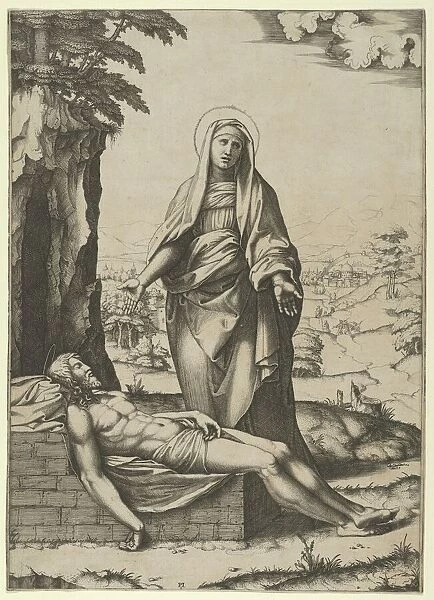 The Pieta: the Virgin standing over the dead Christ, her hands outspread, ca. 1515-17. Creator: Marcantonio Raimondi