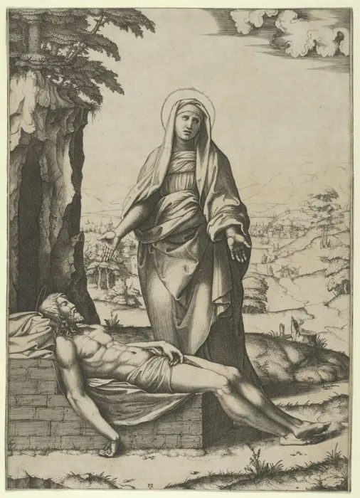 Framed Print : The Pieta: the Virgin standing over the dead Christ, her hands outspread, ca. 1515-17. Creator: Marcantonio Raimondi Framed Print : The Pieta: the Virgin standing over the dead Christ, her hands outspread, ca. 1515-17. Creator: Marcantonio Raimondi