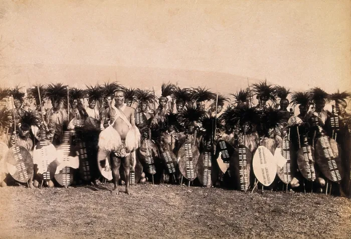 Framed Print : Pietermaritzburg, South Africa: African warriors preparing to dance, between 1800 and 1899. Creator: Unknown Framed Print : Pietermaritzburg, South Africa: African warriors preparing to dance, between 1800 and 1899. Creator: Unknown