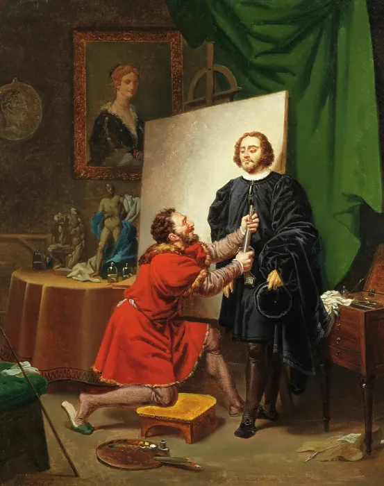 Framed Print : Pietro Aretino in the Studio of Tintoretto, 1822. Creator: Pierre Nolasque Bergeret