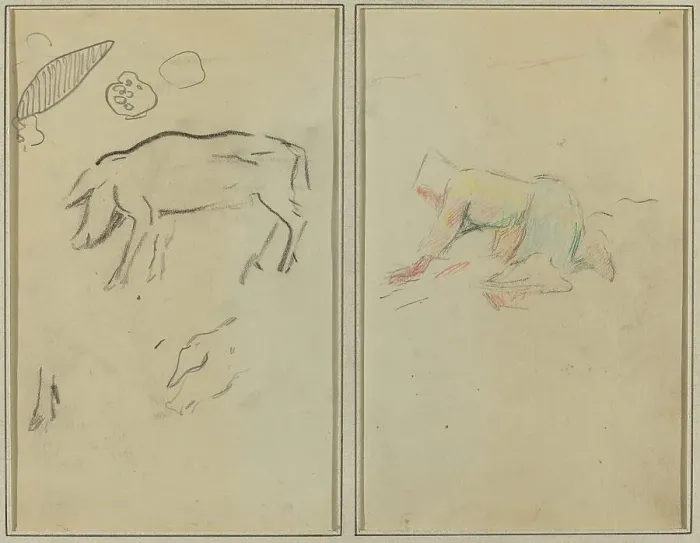Framed Print : A Pig; Breton Peasant Kneeling [verso], 1884-1888. Creator: Paul Gauguin
