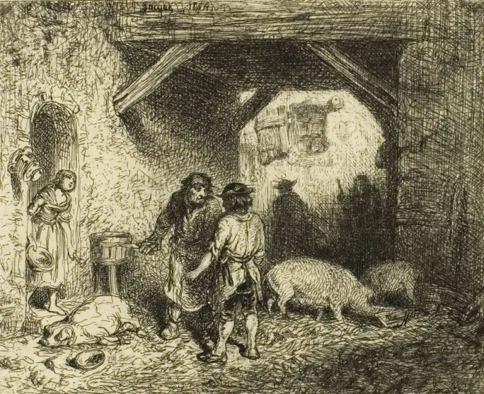 Framed Print : The Pig Slaughterers, 1844. Creator: Charles Emile Jacque Framed Print : The Pig Slaughterers, 1844. Creator: Charles Emile Jacque