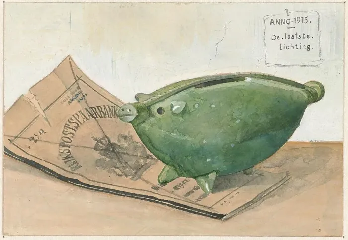 Framed Print : Piggy bank and savings bank booklet, 1915. Creator: Frans Everbag Framed Print : Piggy bank and savings bank booklet, 1915. Creator: Frans Everbag