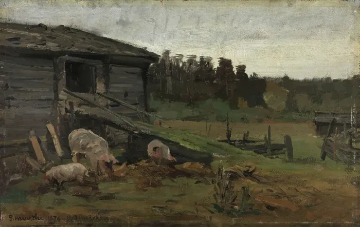 Framed Print : Pigs at the Barn Bridge, 1876. Creator: Gerhard Munthe Framed Print : Pigs at the Barn Bridge, 1876. Creator: Gerhard Munthe