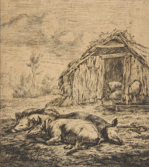 Framed Print : Three Pigs Lying in Front of a Shed, 1850. Creator: Charles Meryon Framed Print : Three Pigs Lying in Front of a Shed, 1850. Creator: Charles Meryon