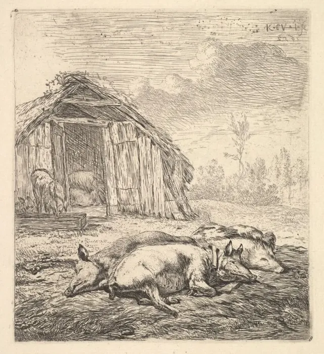 Framed Print : Three pigs lying on their sides, a pigsty and trough beyond, 1652 Framed Print : Three pigs lying on their sides, a pigsty and trough beyond, 1652