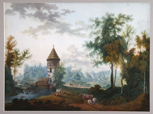 Mill and Pil Tower in Pavlovsk park, before 1797. Artist: Shchedrin, Semyon Fyodorovich (1745-1804)