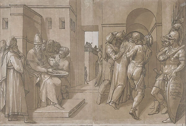 Pilate at the left washing his hands (left side of sheet), 1585. Creator: Andrea Andreani