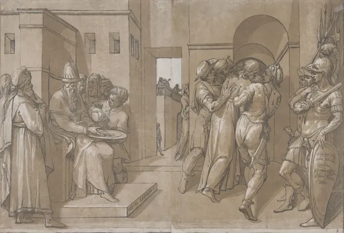 Framed Print : Pilate at the left washing his hands (left side of sheet), 1585. Creator: Andrea Andreani Framed Print : Pilate at the left washing his hands (left side of sheet), 1585. Creator: Andrea Andreani