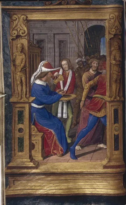 Framed Print : Pilate washes his hands (from Lettres batardes), ca 1490-1510. Artist: Poyet, Jean (active 1483-1497) Framed Print : Pilate washes his hands (from Lettres batardes), ca 1490-1510. Artist: Poyet, Jean (active 1483-1497)